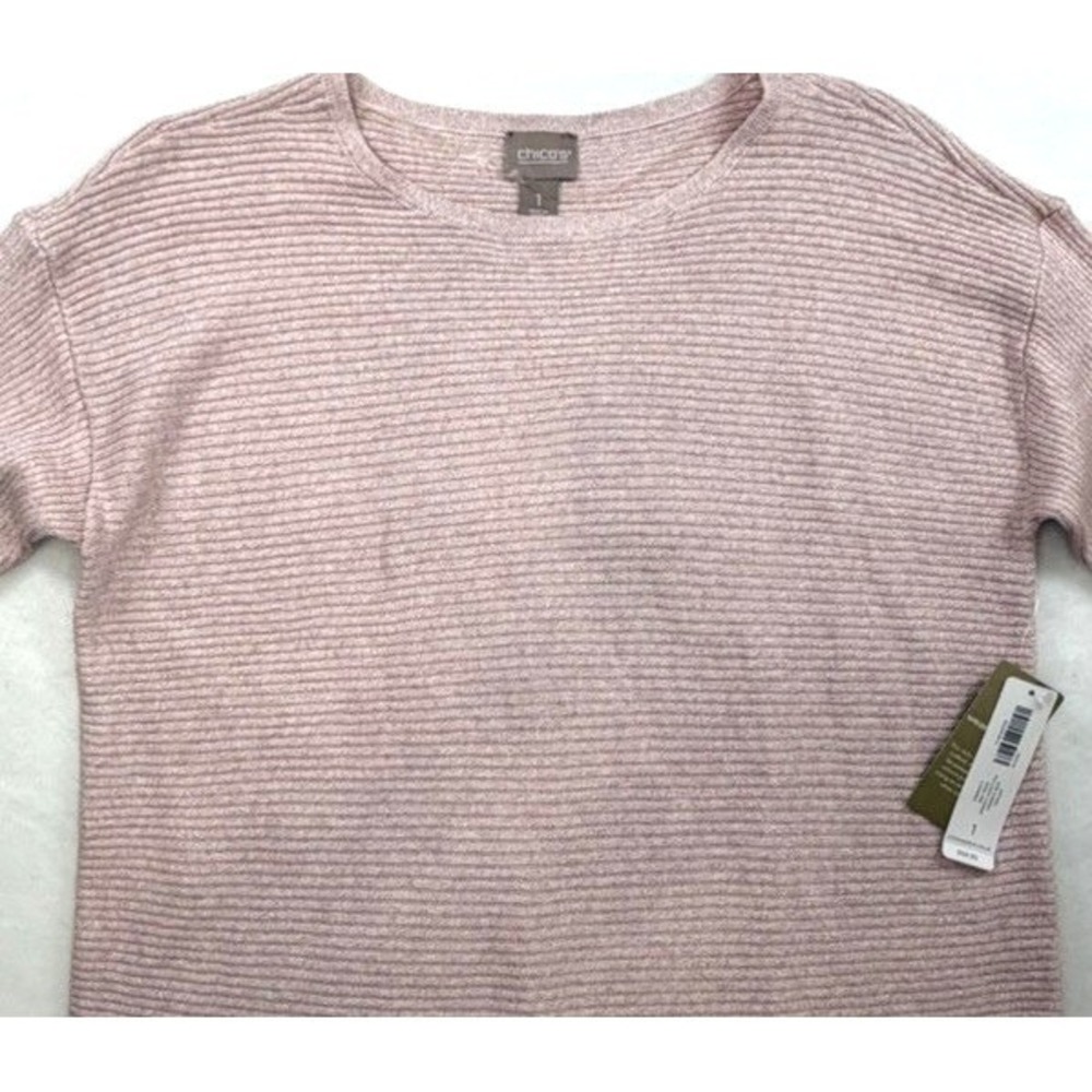 Chicos NWT Light Pink Shimmer Silver Tunic Sweater Cozy Softgirl  Sparkle Sz 1/M